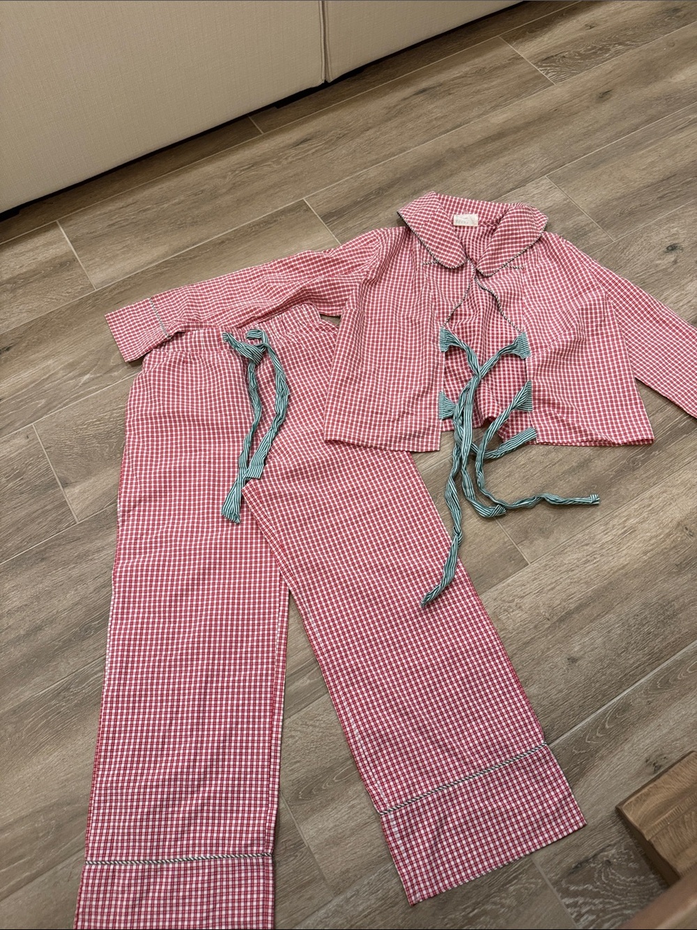 Altar'd State Pink Gingham Pajama Set with Green Ties